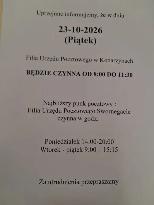 Krótsze godziny pracy poczty w Konarzynach w piątek 23 października
