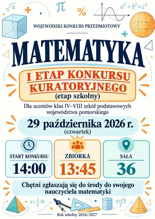 Wojewódzki Konkurs Przedmiotowy z Matematyki w Czersku – etap szkolny już 29 października