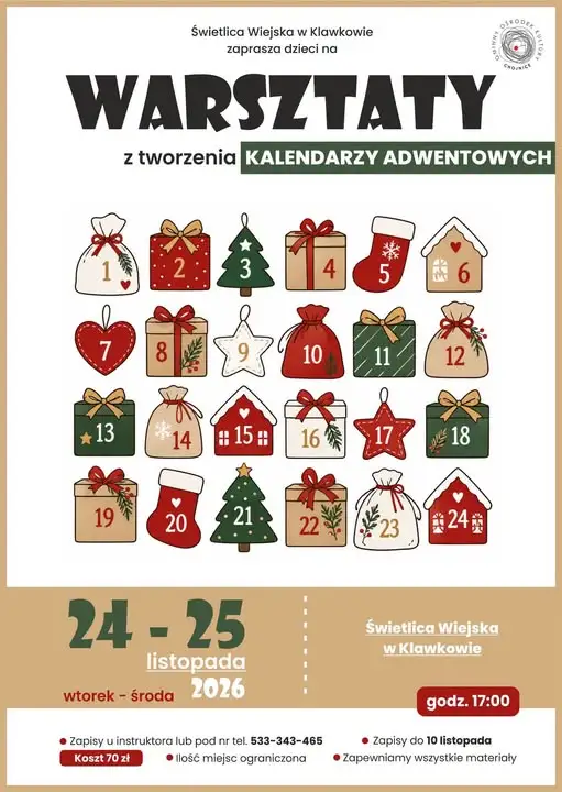 Warsztaty tworzenia kalendarzy adwentowych w Klawkowie – zapisy do 10 listopada